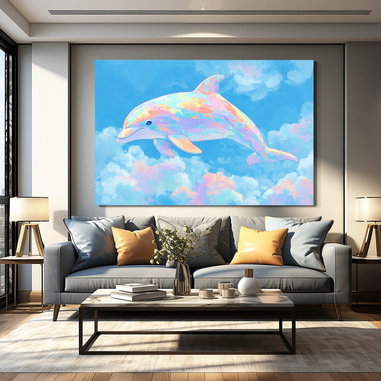 Candy Cloud Dolphin Canvas – styled in a furnished interior