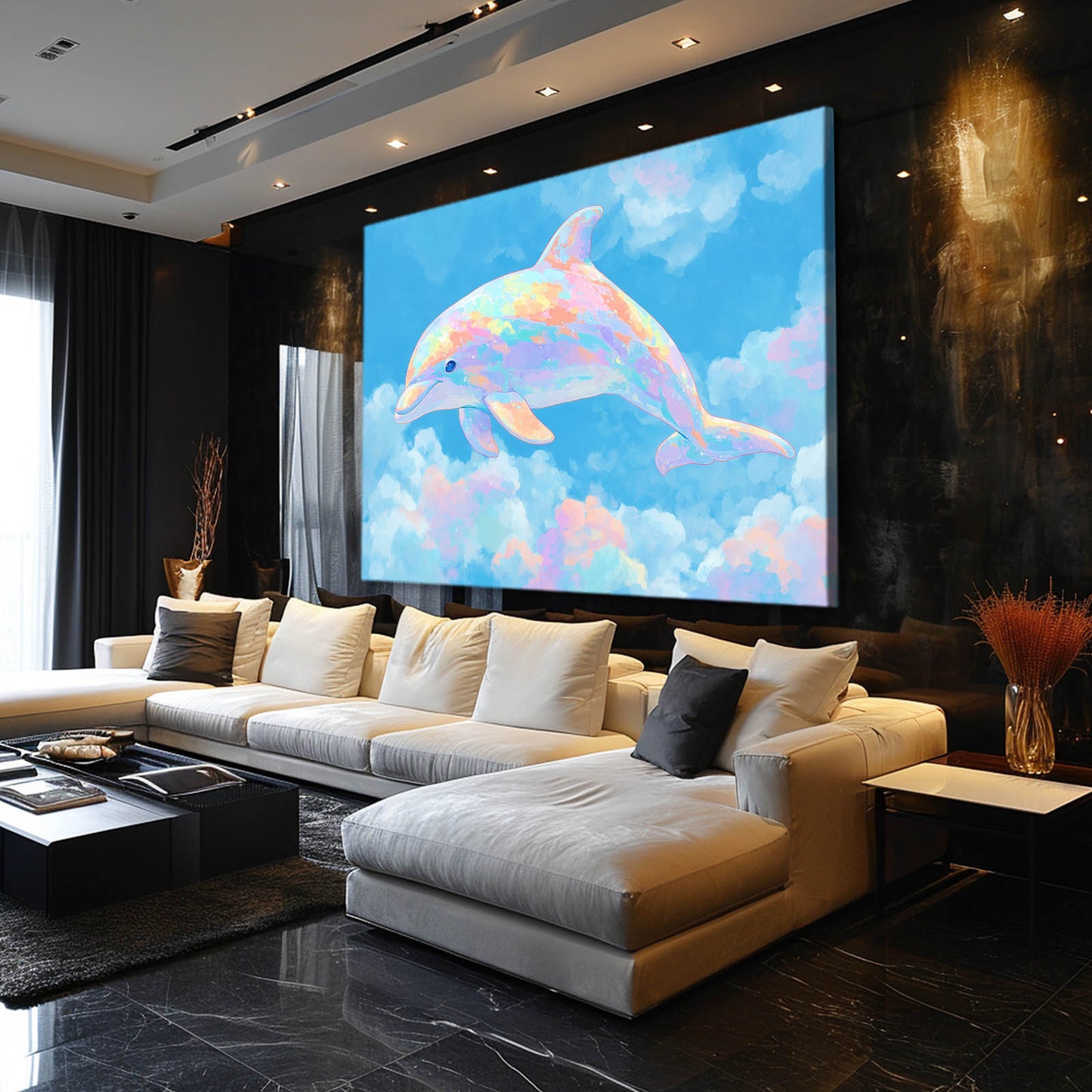 Candy Cloud Dolphin Canvas – styled in a furnished interior