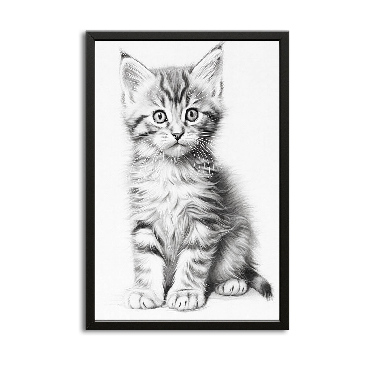 Canvas Cat Wall Art — black and white canvas print in white tones, with Premium Black frame on white background