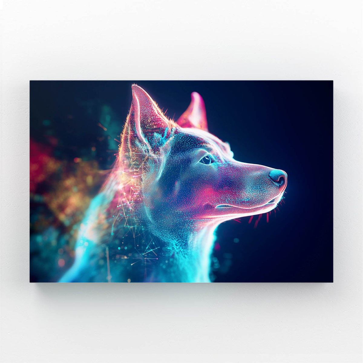 Canvas Dog Art — contemporary canvas print in blue tones, angled canvas view on white background