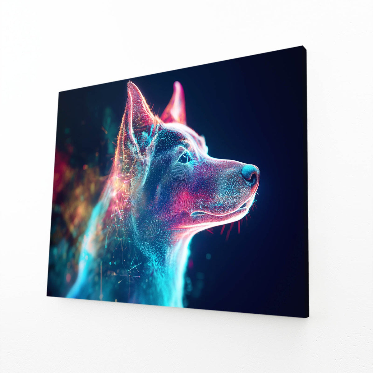 Canvas Dog Art — contemporary canvas print in blue tones, angled canvas view on white background
