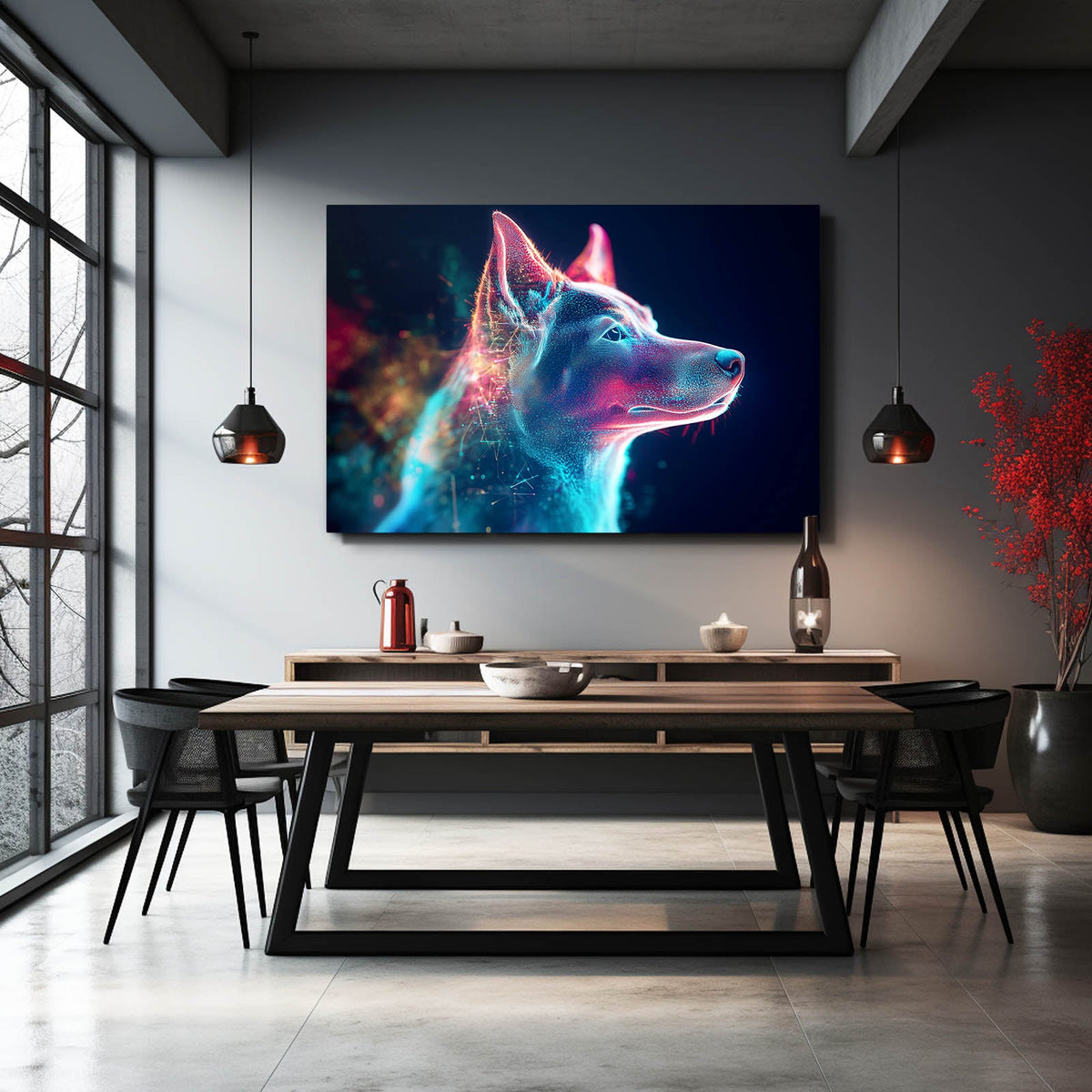 Canvas Dog Art — contemporary canvas print in blue tones, styled in a furnished interior