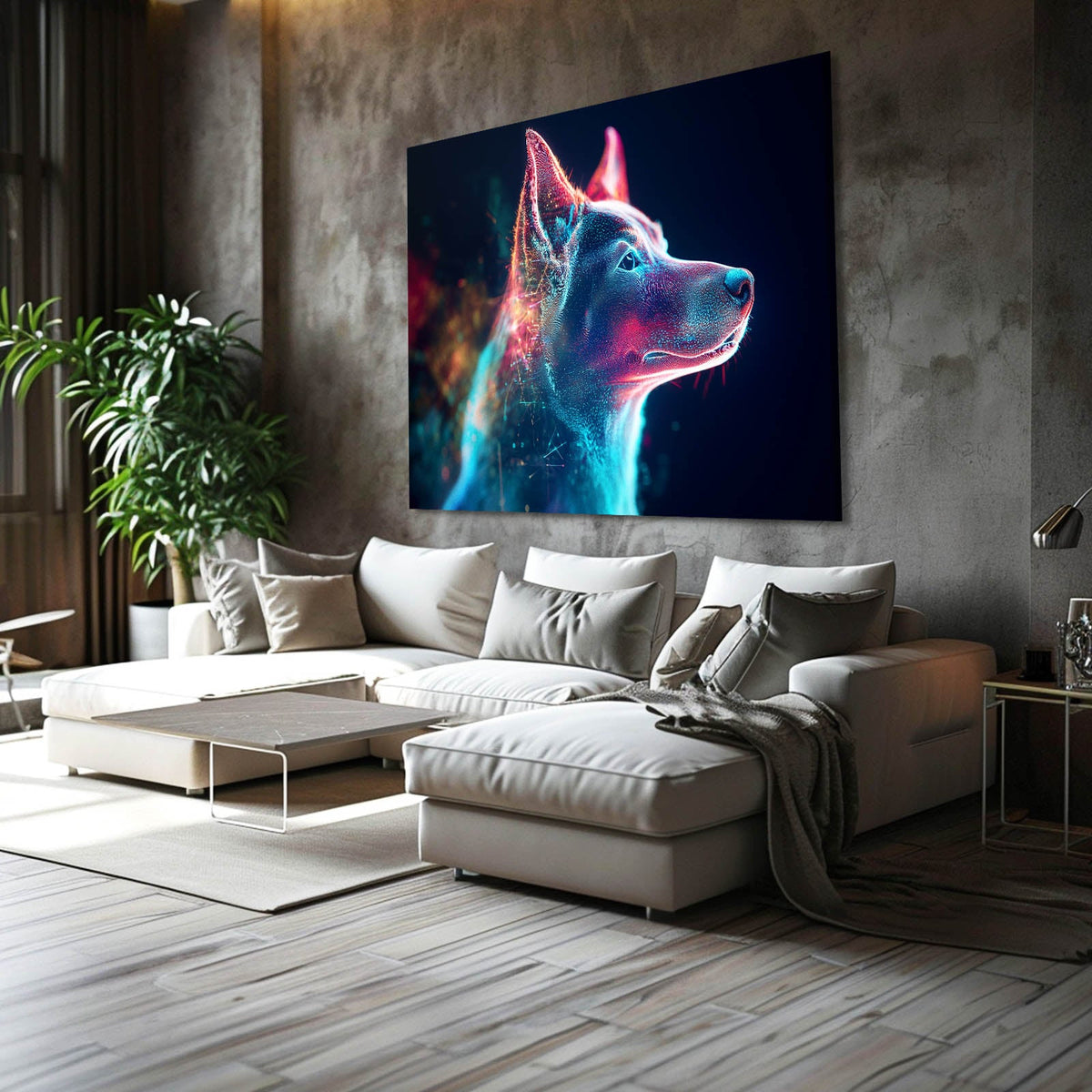 Canvas Dog Art — contemporary canvas print in blue tones, styled in a furnished interior