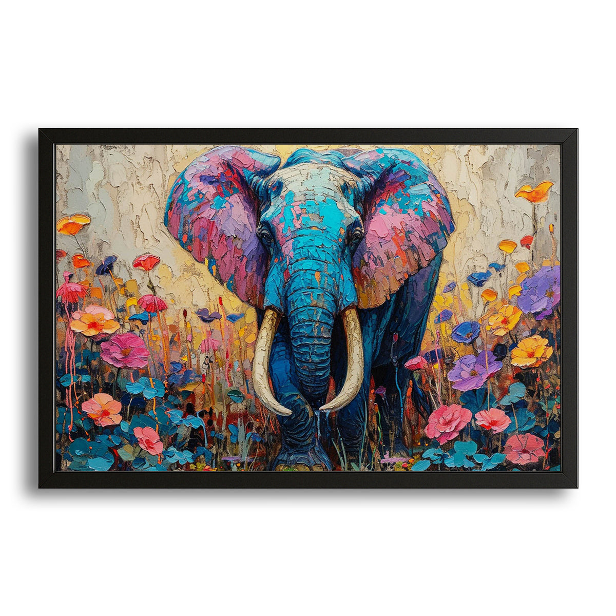 Canvas Elephant Wall Art — botanical canvas print in blue tones, with Premium Black frame on white background