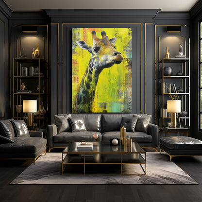 Modern living room with a large abstract painting of a giraffe on the wall.