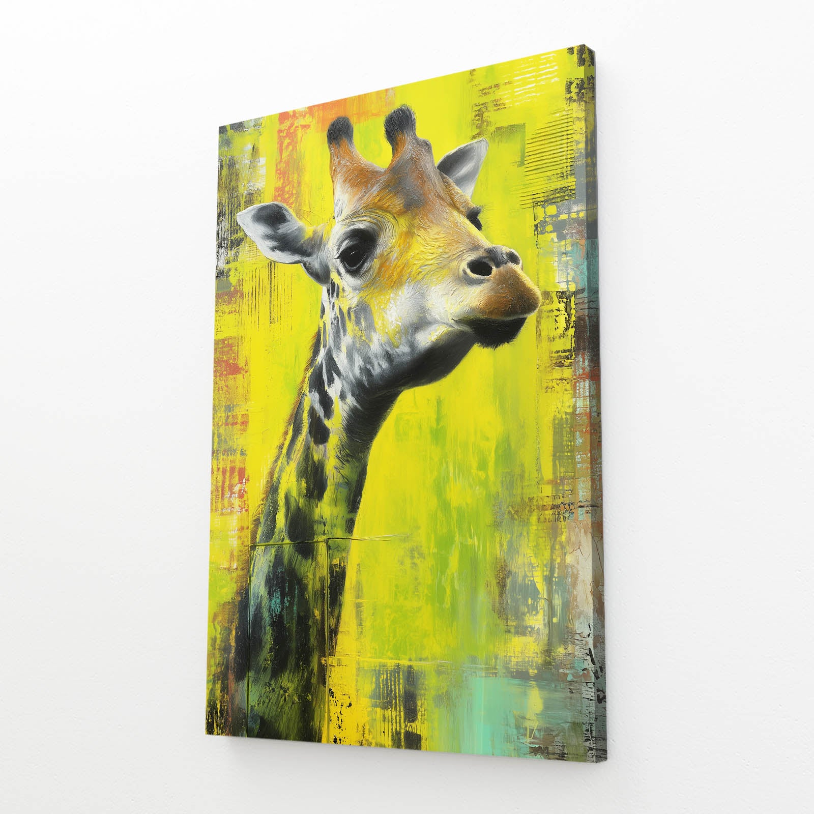 Canvas print of a giraffe with a colorful abstract background