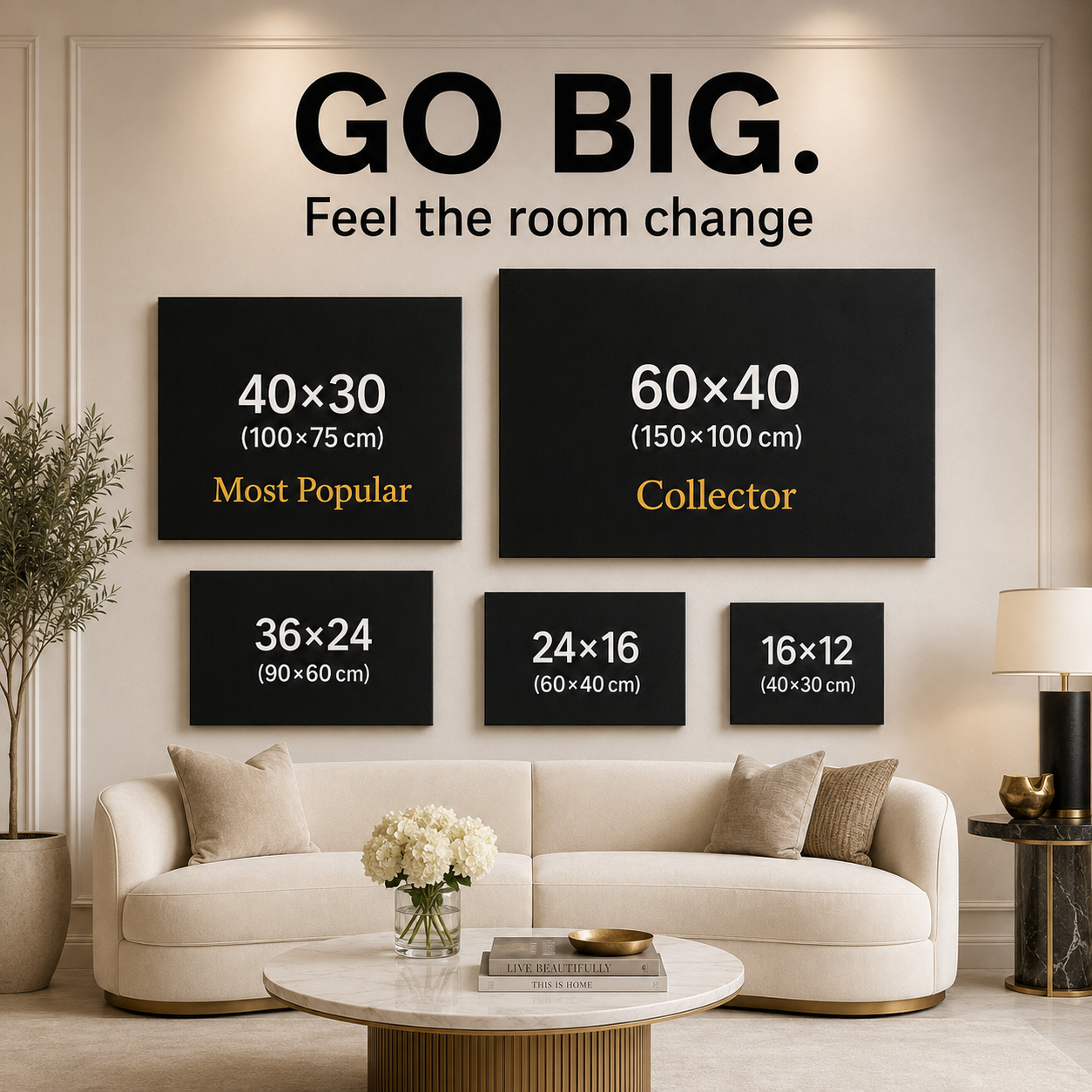 Vintage Cow Wall Art — contemporary canvas print, canvas size guide showing available print dimensions