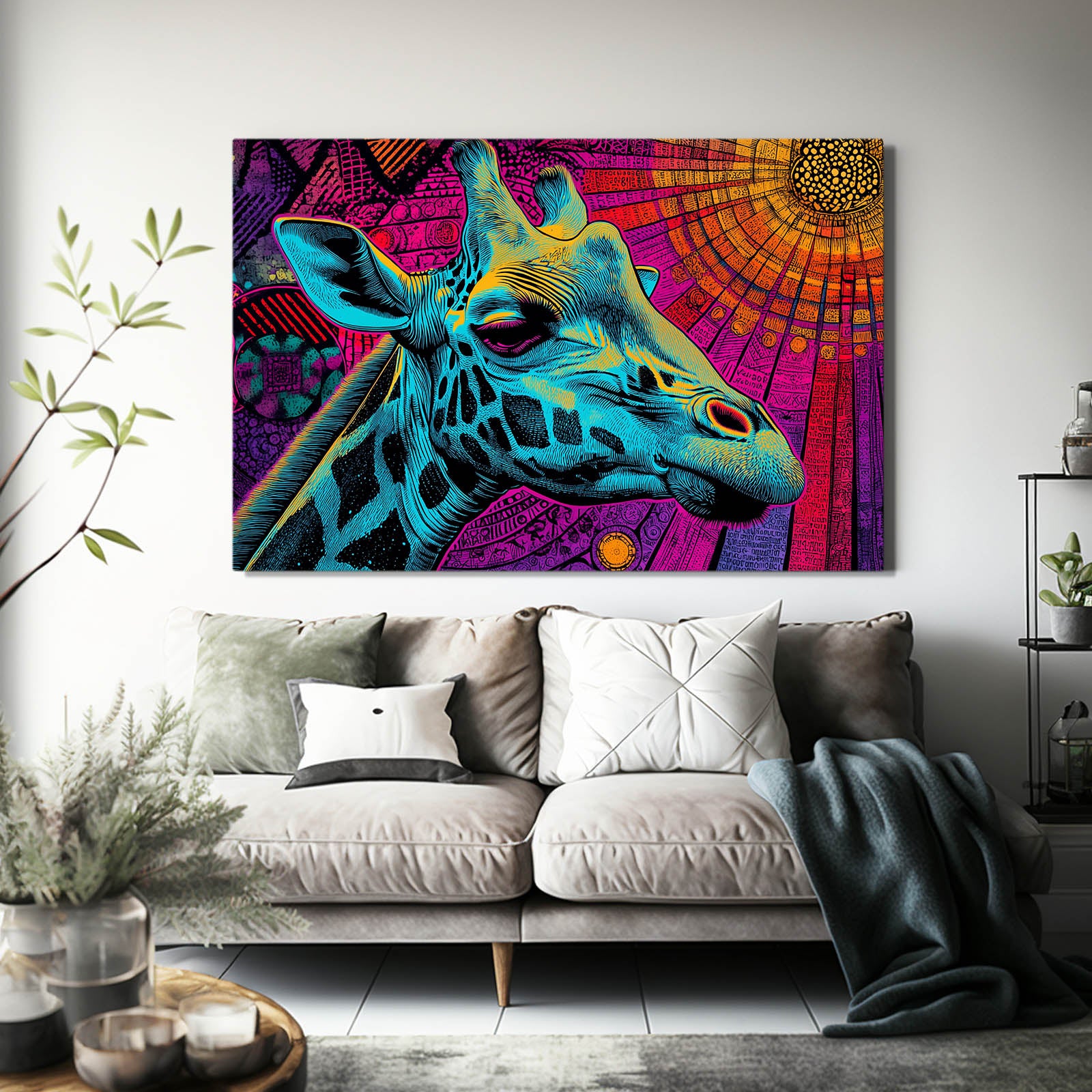 Colorful abstract giraffe painting above a sofa in a living room.
