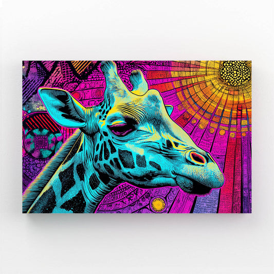 Colorful abstract painting of a giraffe with geometric patterns on a white background