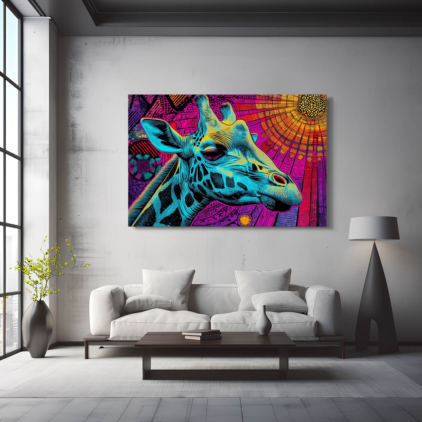 Colorful abstract giraffe painting on a gray wall above a white sofa in a modern living room.