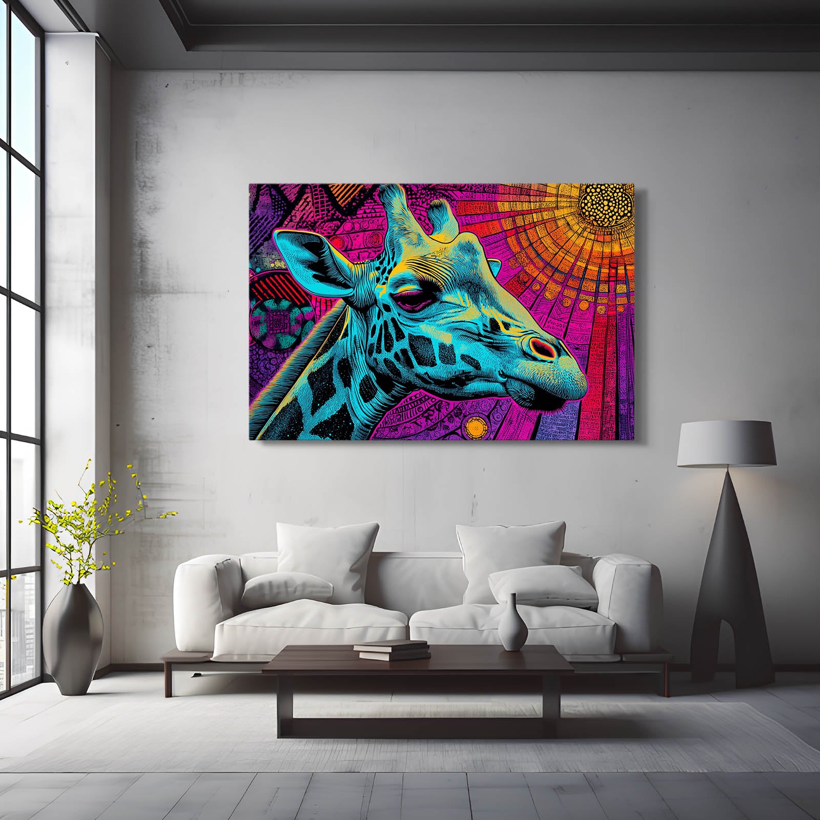 Colorful abstract giraffe painting on a gray wall above a white sofa in a modern living room.