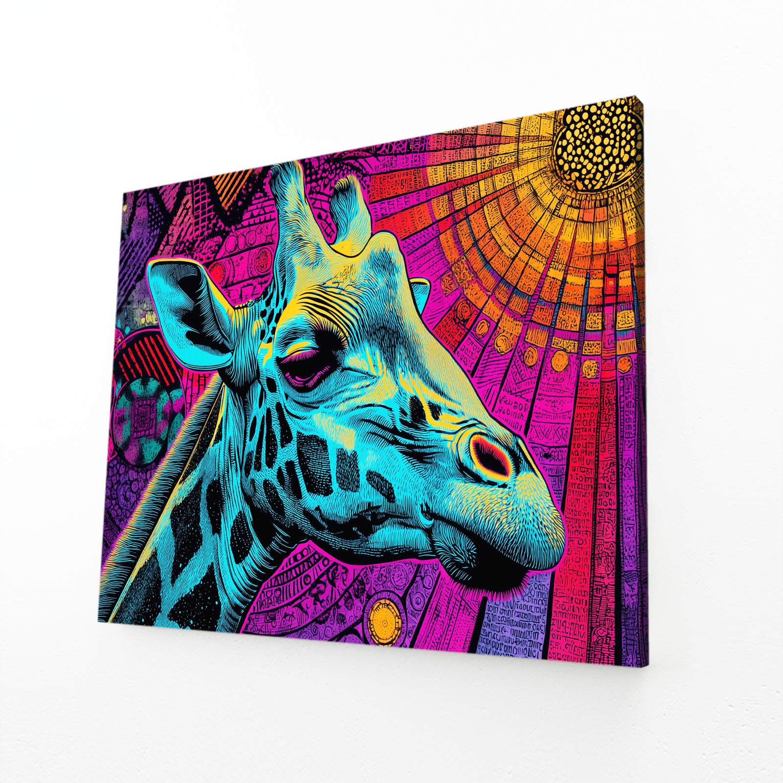 Colorful abstract painting of a giraffe with geometric patterns on a white background