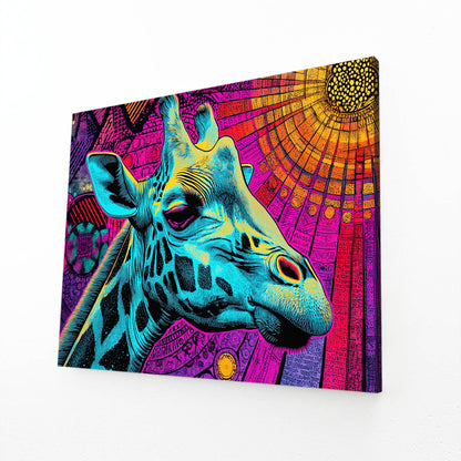 Colorful abstract painting of a giraffe with geometric patterns on a white background