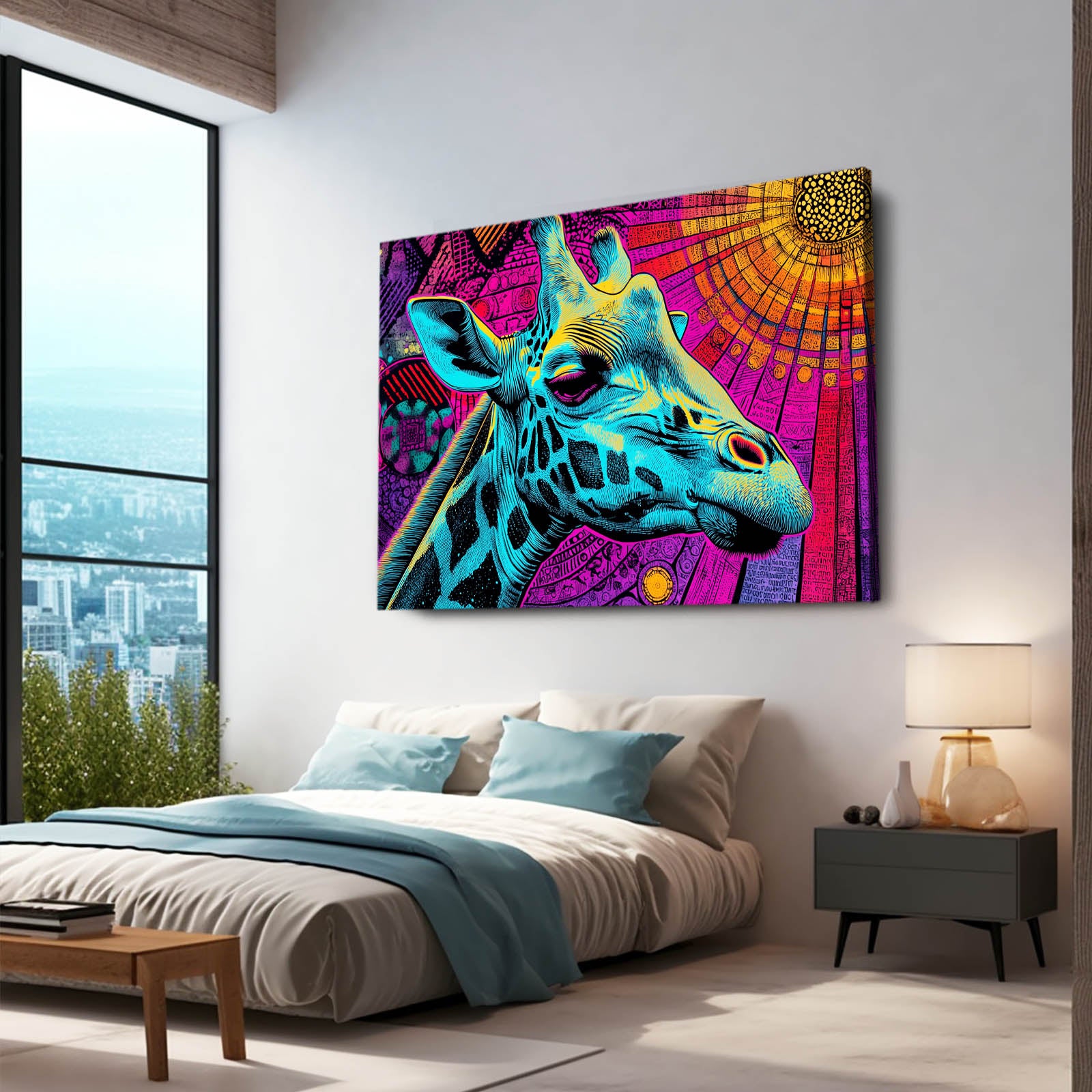 Colorful giraffe artwork on a wall above a bed in a modern bedroom.