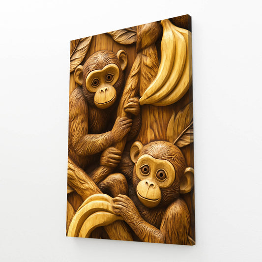 Carved Wood Banana Monkey Canvas – angled canvas view on white background