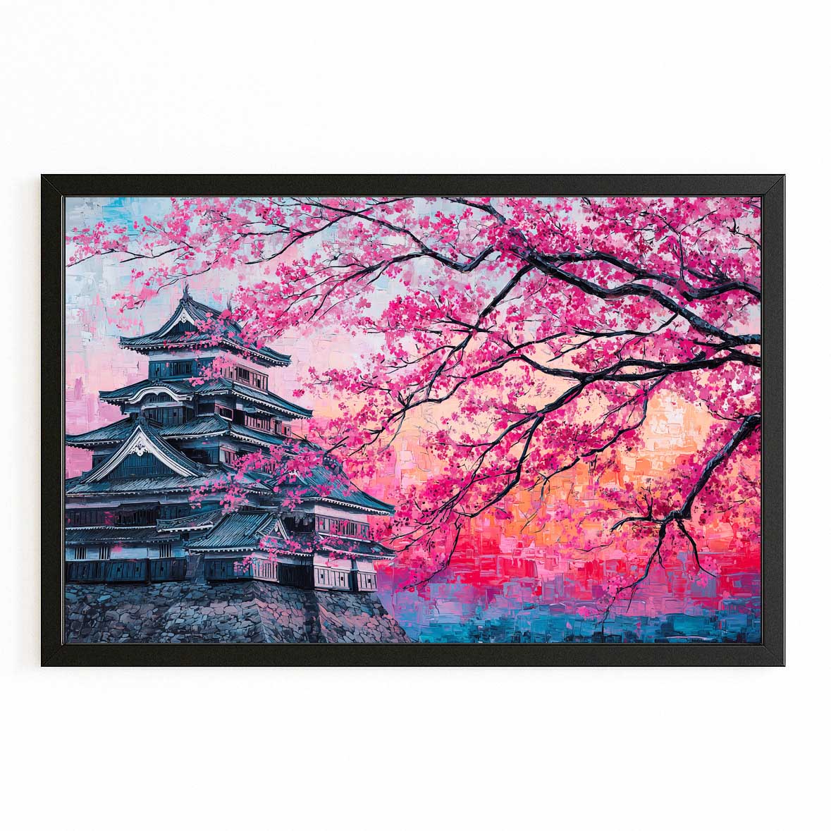 Castle Pink Canopy Cherry Blossom Wall Decor – with Premium Black frame on white background
