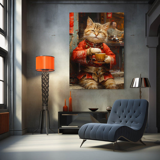 Cat And Cup Wall Art — digital canvas print in orange tones, view 3