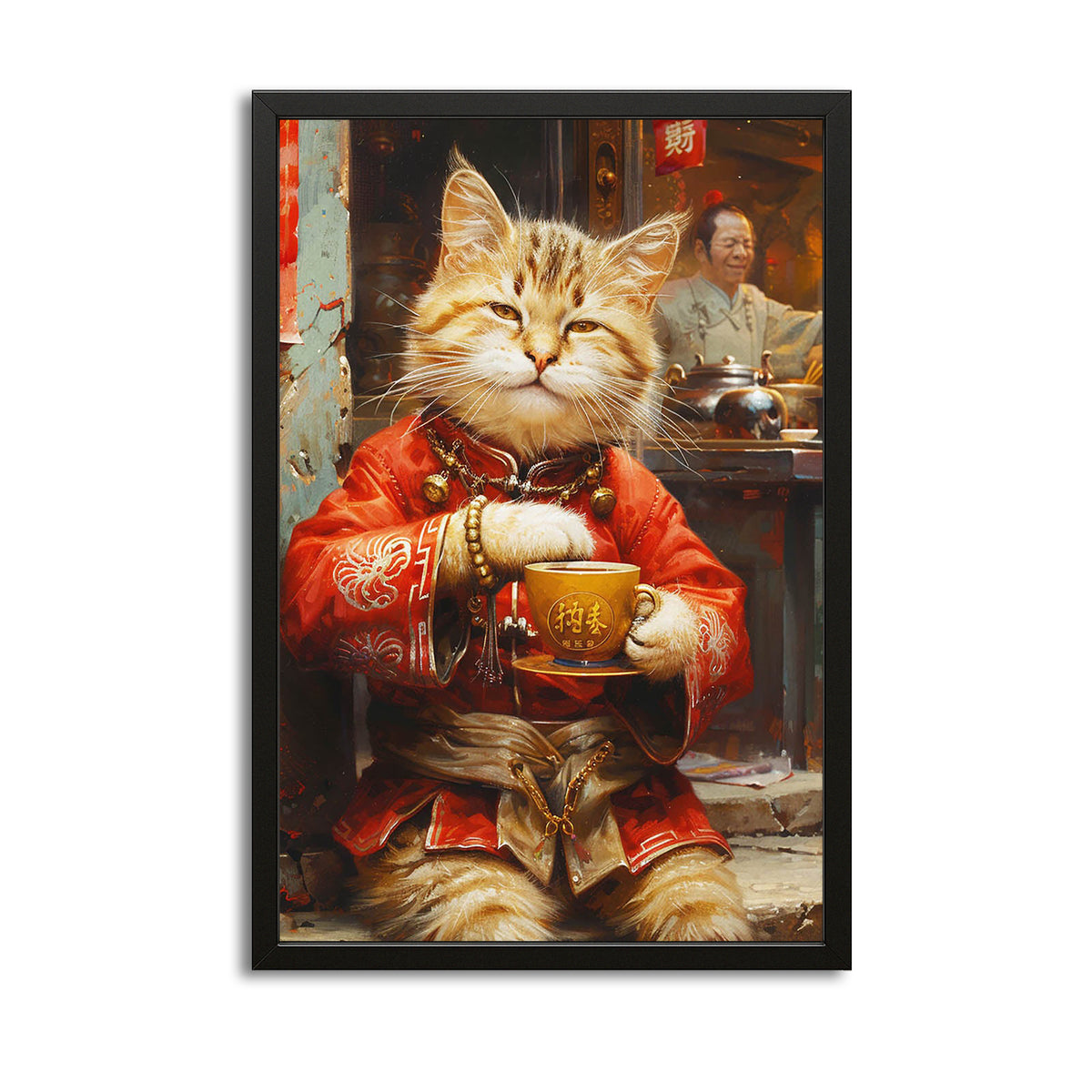 Cat And Cup Wall Art — digital canvas print in orange tones, with Premium Black frame on white background