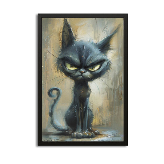 Cat Angry Wall Art — cute canvas print in brown tones, with Premium Black frame on white background