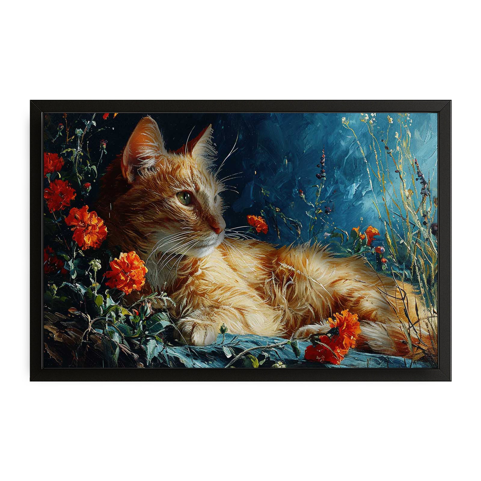 Cat Garden Wall Art — botanical canvas print in blue tones, canvas print on white background