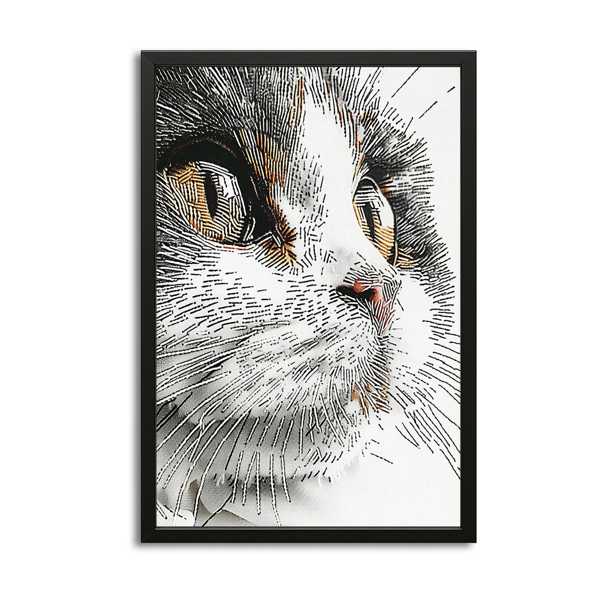 Cat Prints Wall Art — black and white canvas print in white tones, with Premium Black frame on white background