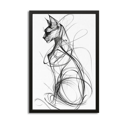 Cat Silhouette Wall Art — black and white canvas print in white tones, with Premium Black frame on white background