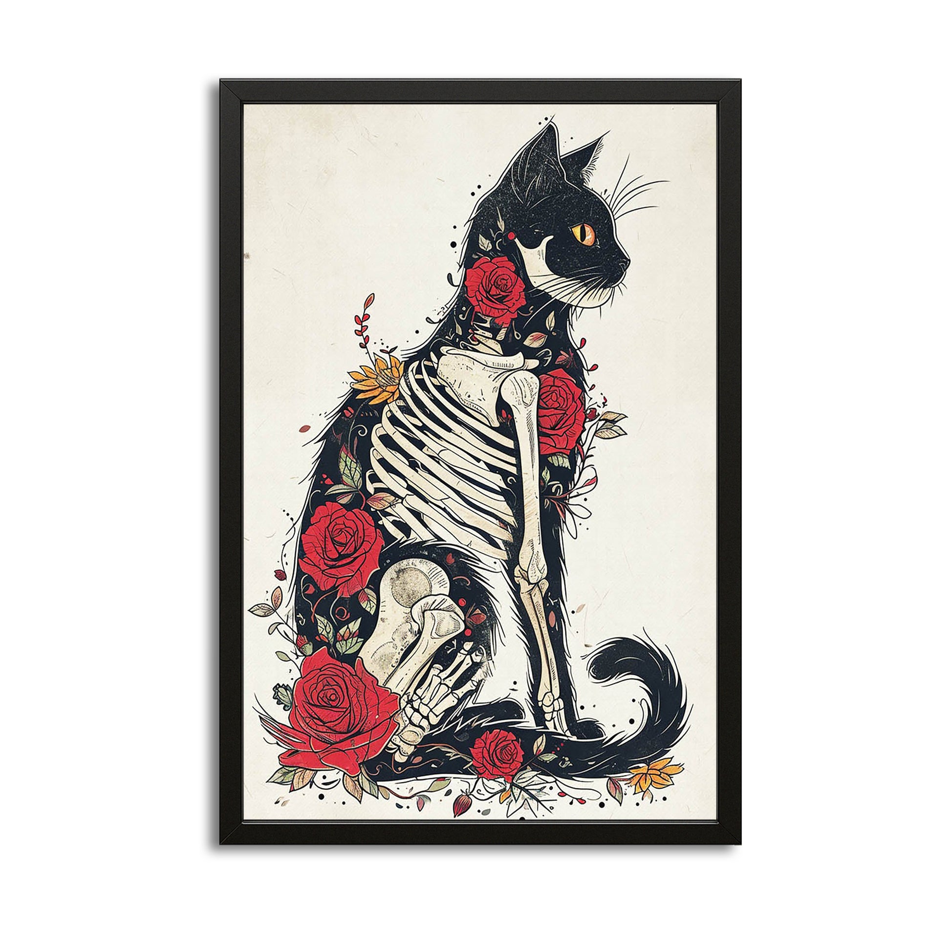 Cat Skeleton Wall Art — botanical canvas print in white tones, with Premium Black frame on white background