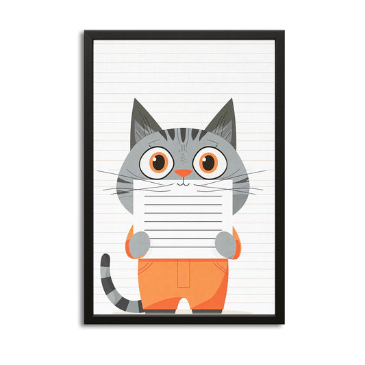 Cat Wall Art Nursery — cute canvas print in white tones, with Premium Black frame on white background