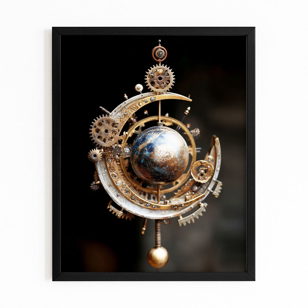 Celestial Gear Orb Steampunk Canvas – with Premium Black frame on white background