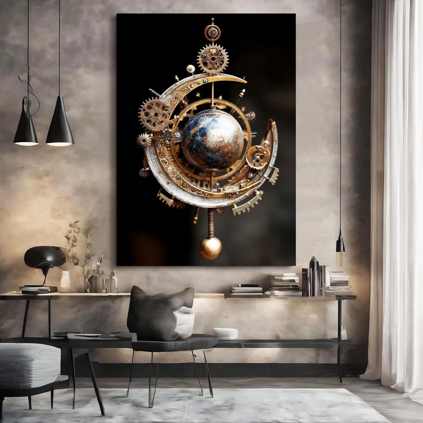 Celestial Gear Orb Steampunk Canvas – styled in a furnished interior