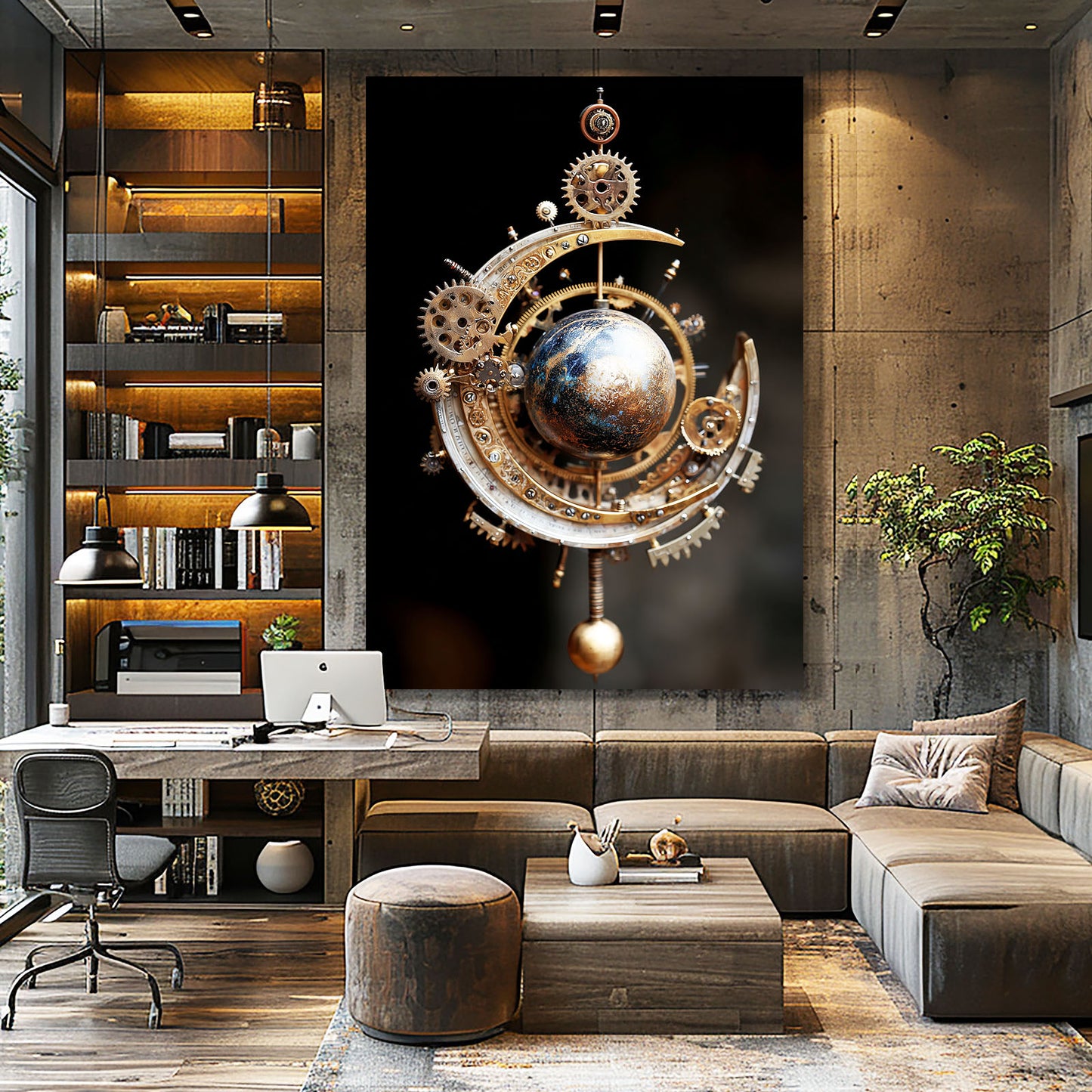 Celestial Gear Orb Steampunk Canvas – styled in a furnished interior