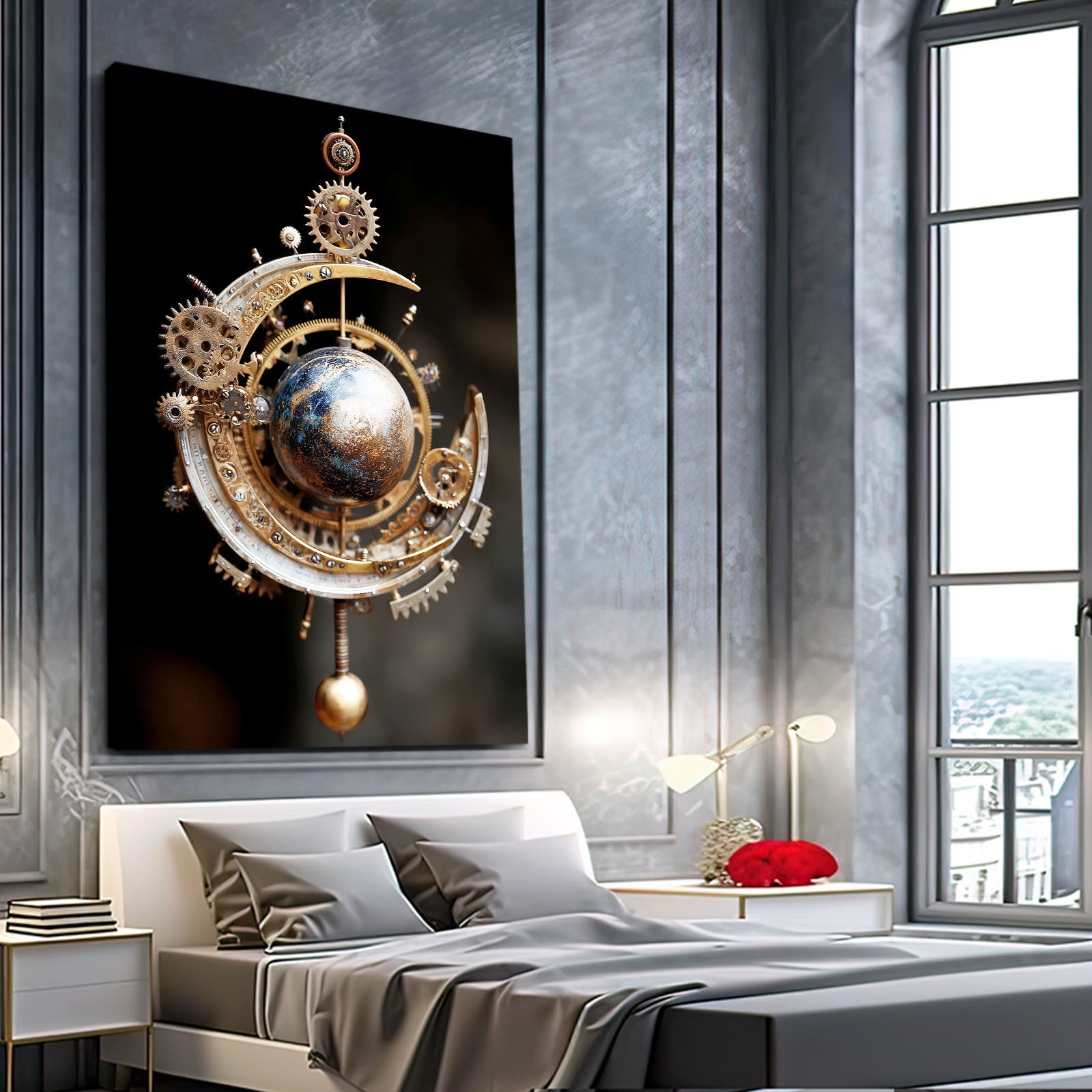 Celestial Gear Orb Steampunk Canvas – styled in a furnished interior