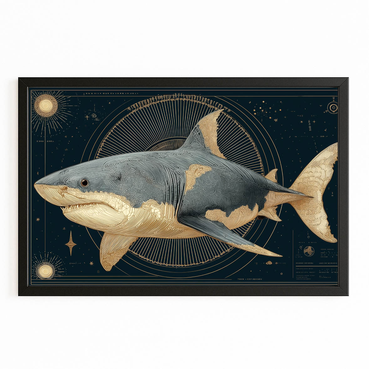 Celestial Gold Navy Shark Wall Decor – with Premium Black frame on white background