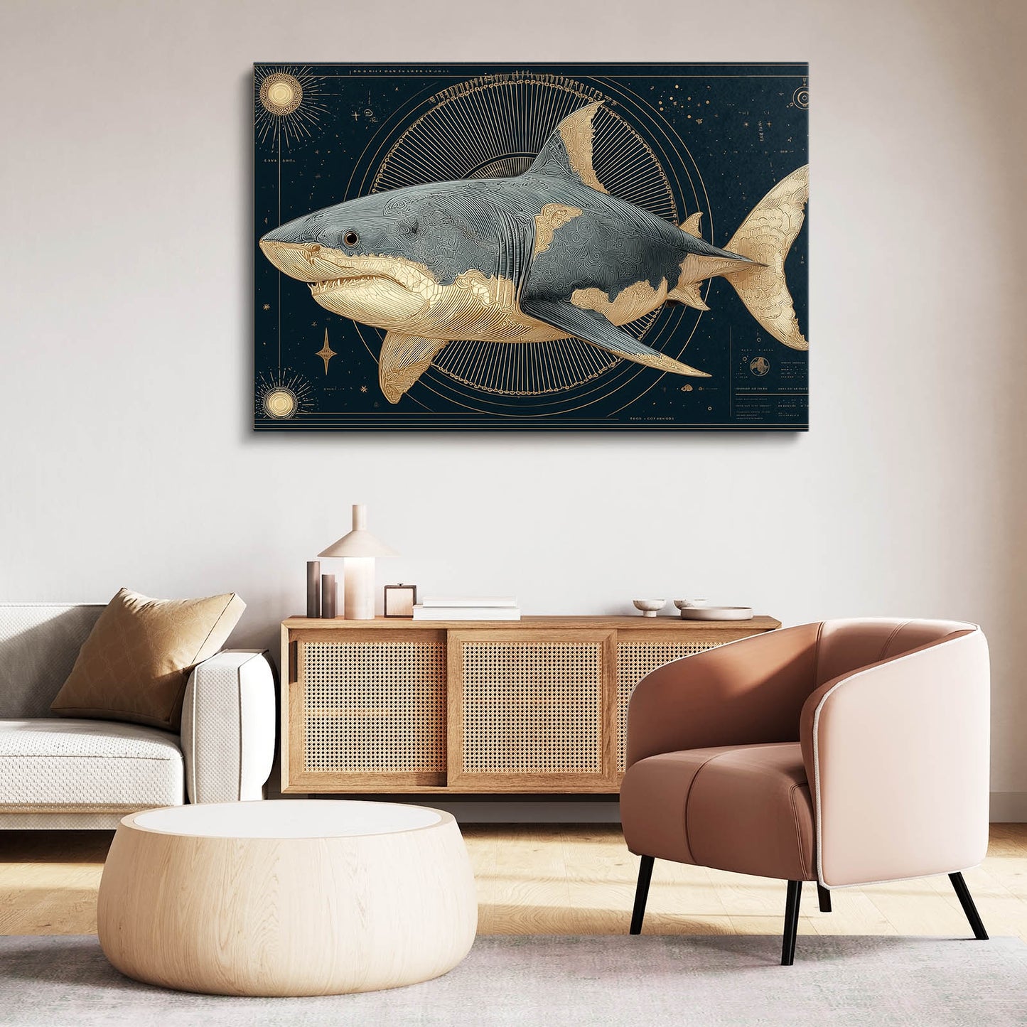 Celestial Gold Navy Shark Wall Decor – styled in a furnished interior