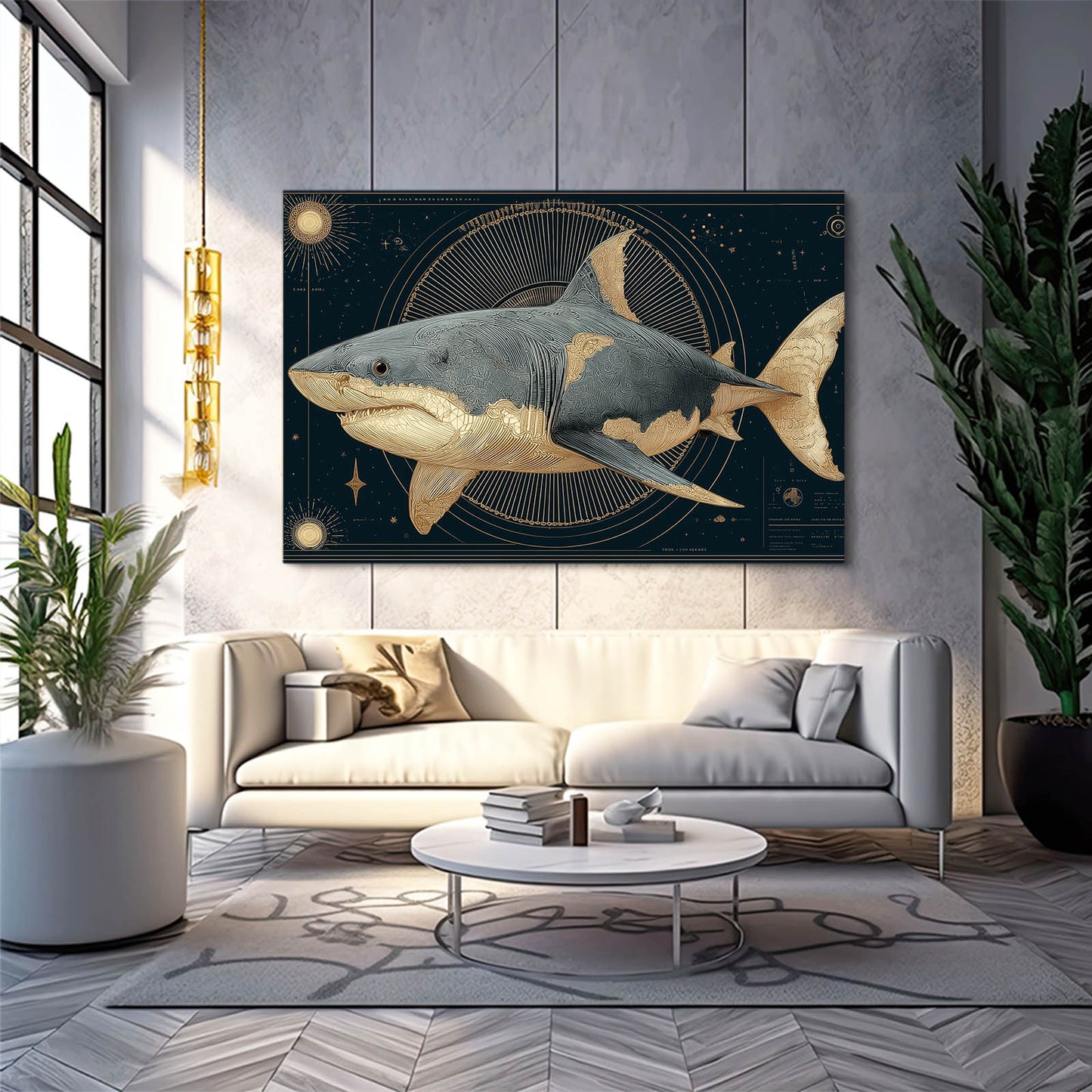 Celestial Gold Navy Shark Wall Decor – styled in a furnished interior