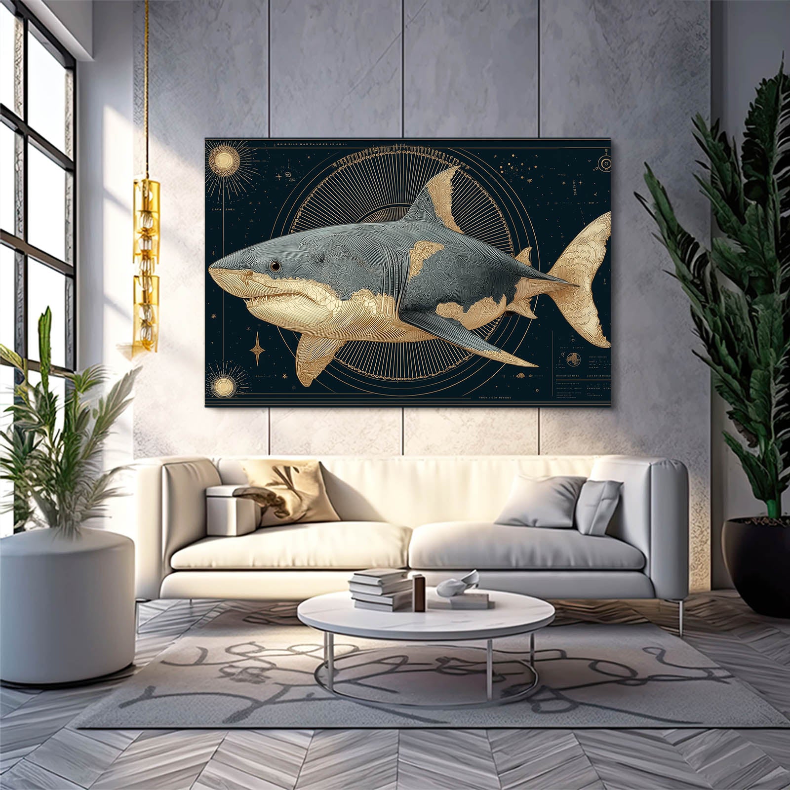 Celestial Gold Navy Shark Wall Decor – styled in a furnished interior