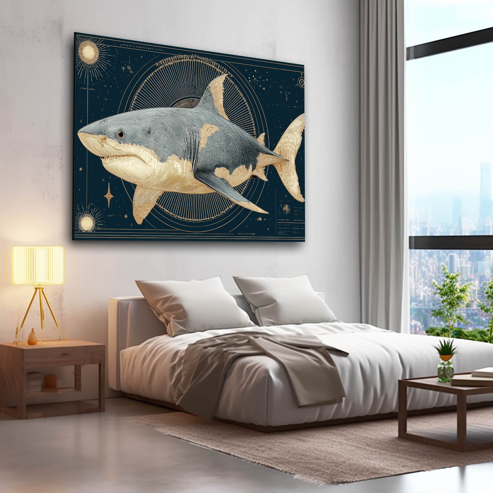 Celestial Gold Navy Shark Wall Decor – styled in a furnished interior
