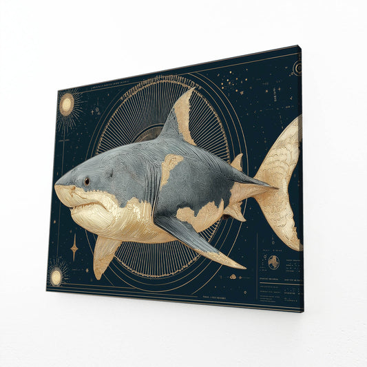 Celestial Gold Navy Shark Wall Decor – angled canvas view on white background