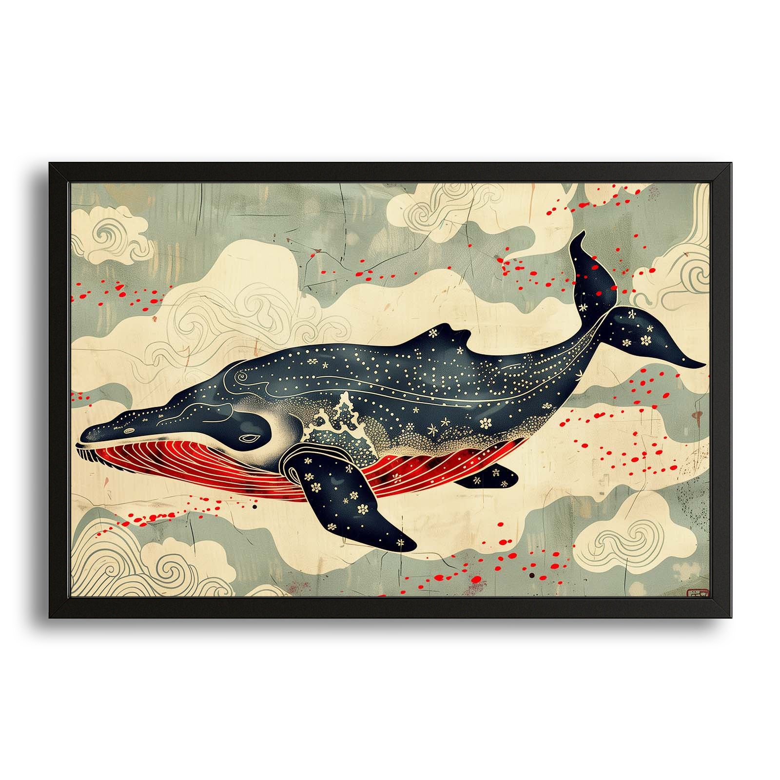 Celestial Kumo Whale Art — japanese art canvas print in brown tones, with Premium Black frame on white background