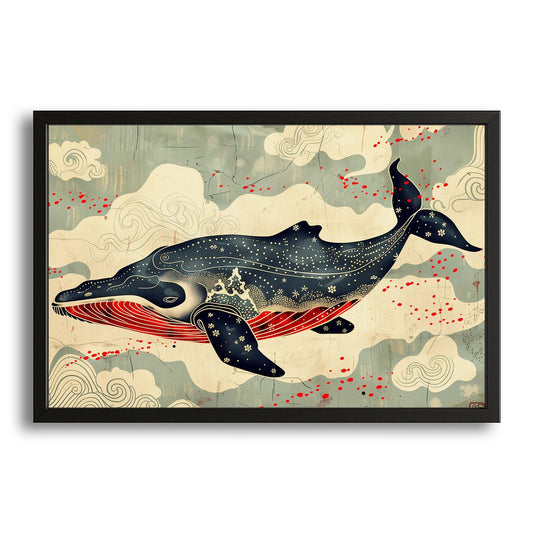 Celestial Kumo Whale Art — japanese art canvas print in brown tones, with Premium Black frame on white background