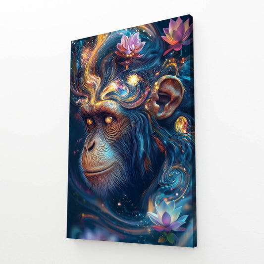 Celestial Lotus Glow Monkey Wall Art – angled canvas view on white background