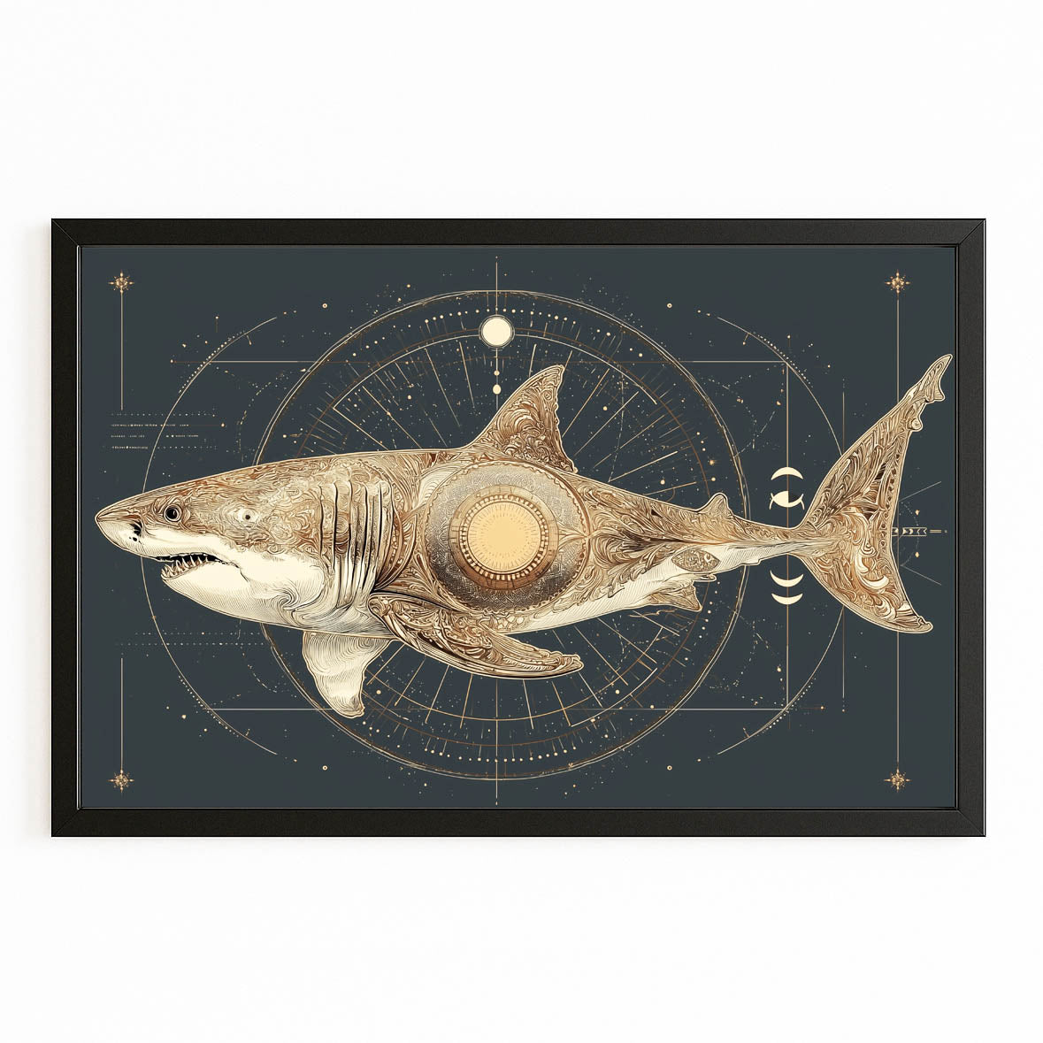Celestial Navy Chart Shark Wall Decor – with Premium Black frame on white background