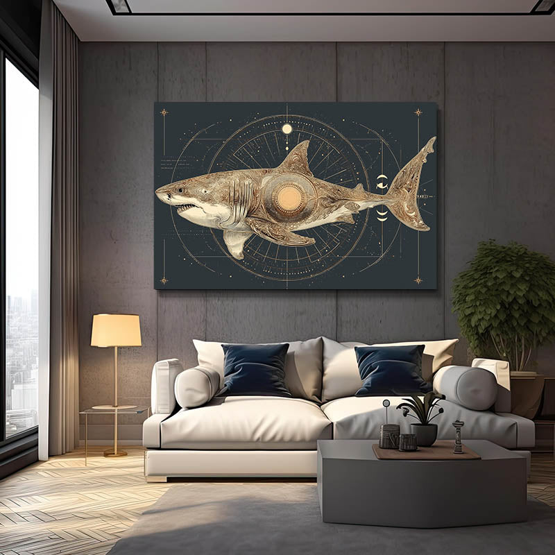 Celestial Navy Chart Shark Wall Decor – styled in a furnished interior
