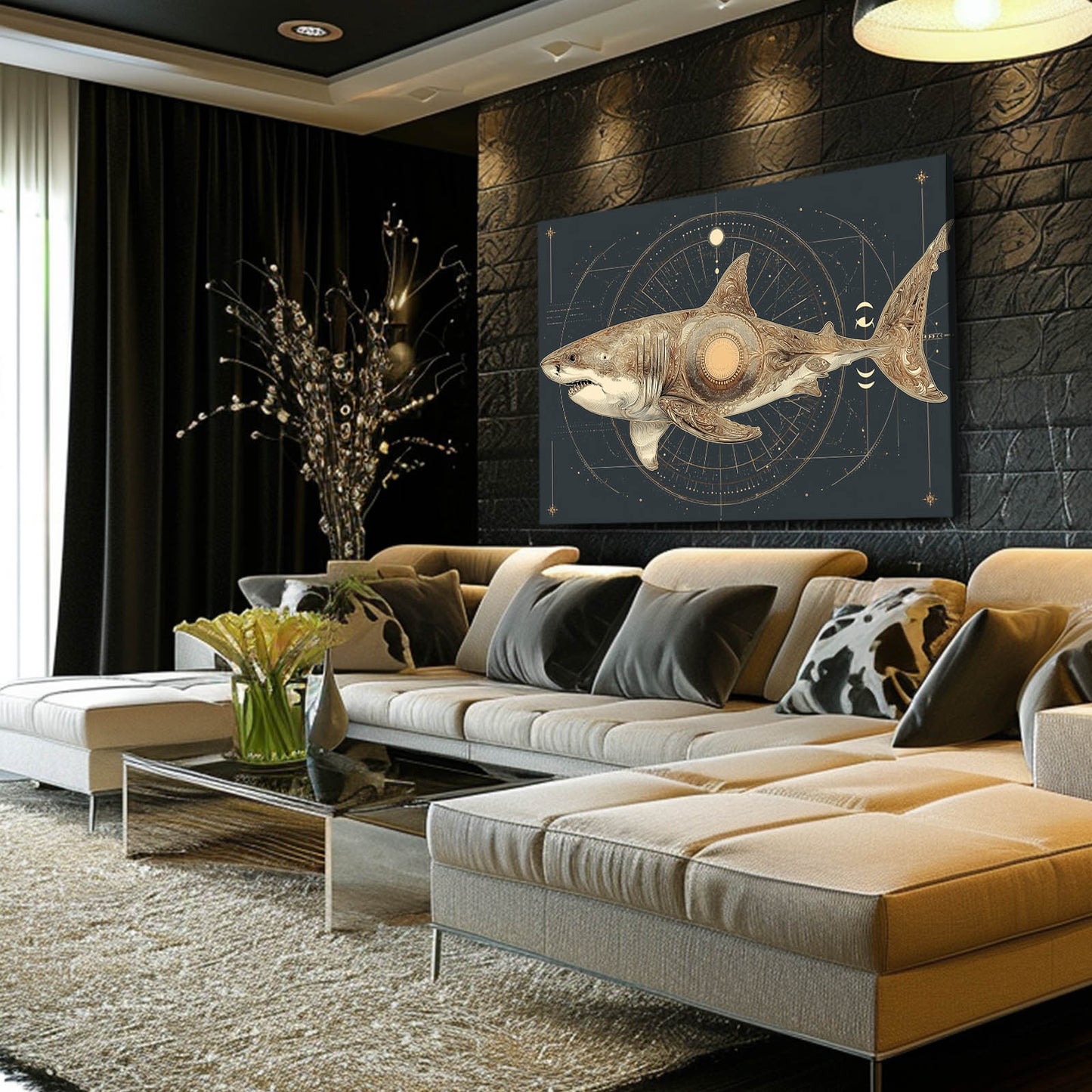Celestial Navy Chart Shark Wall Decor – styled in a furnished interior