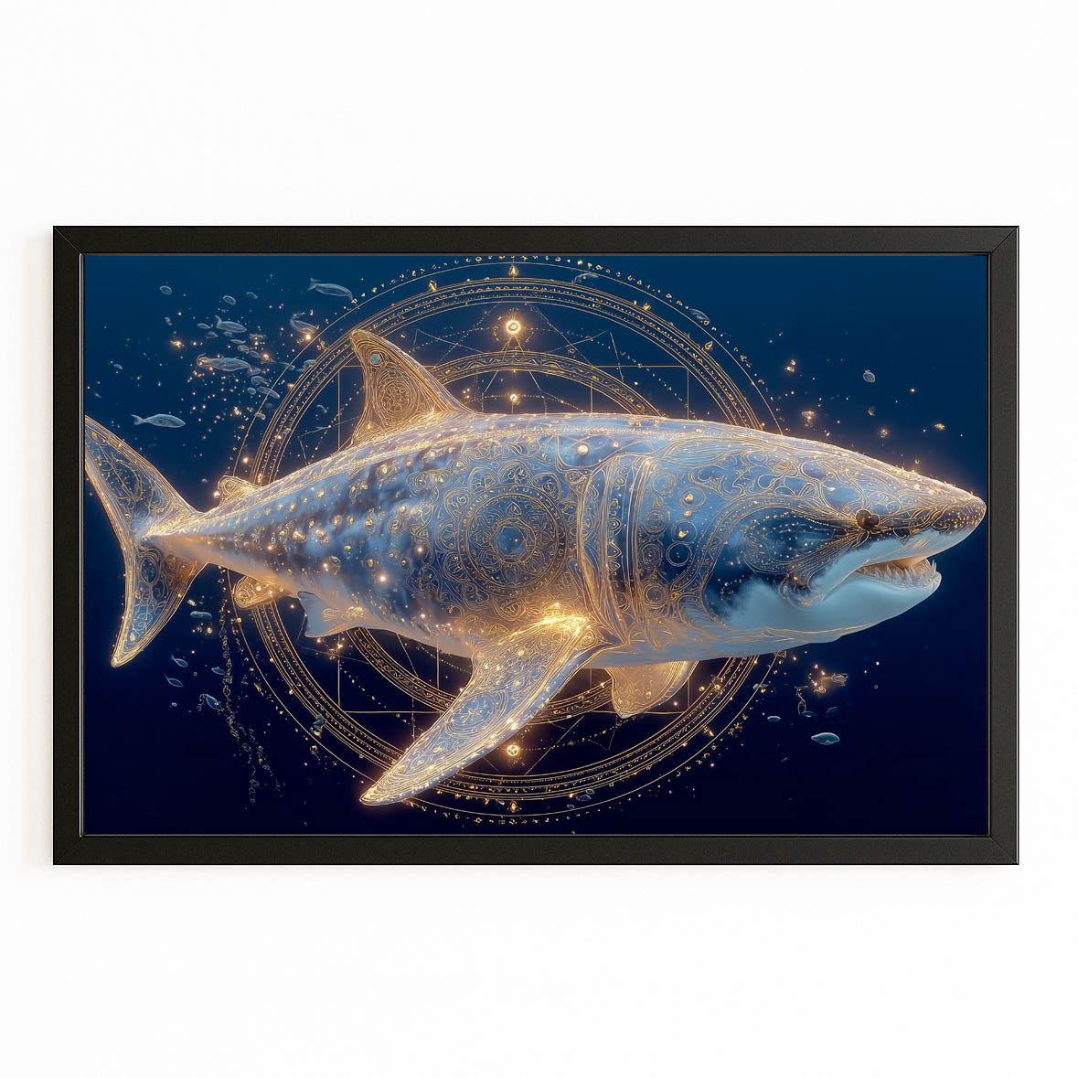 Celestial Night Shark Wall Art – with Premium Black frame on white background