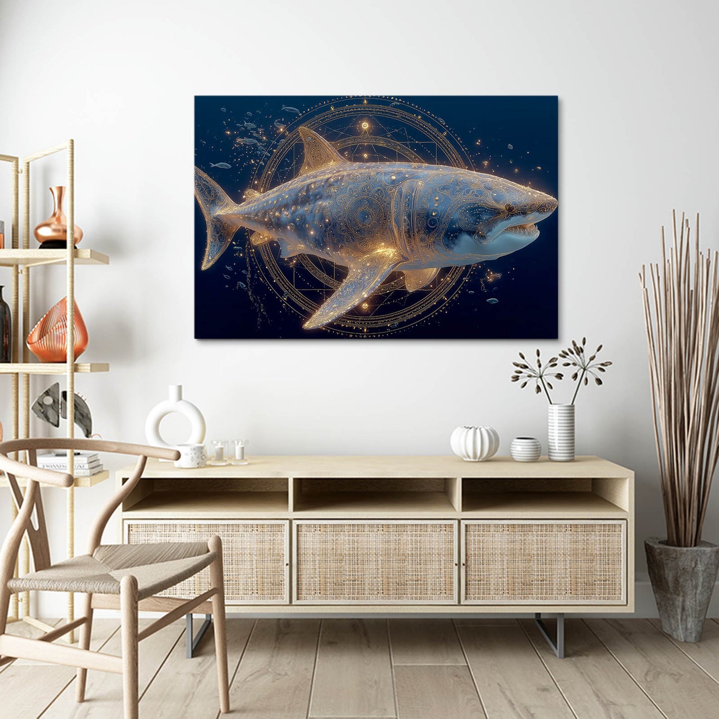 Celestial Night Shark Wall Art – styled in a furnished interior