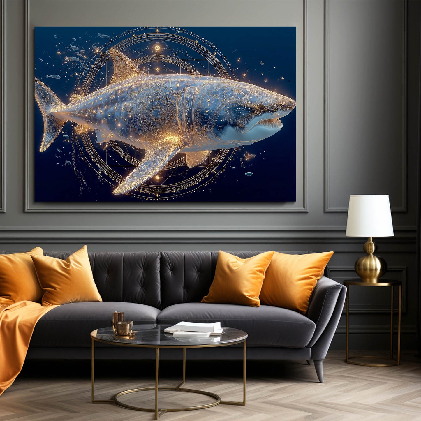 Celestial Night Shark Wall Art – styled in a furnished interior