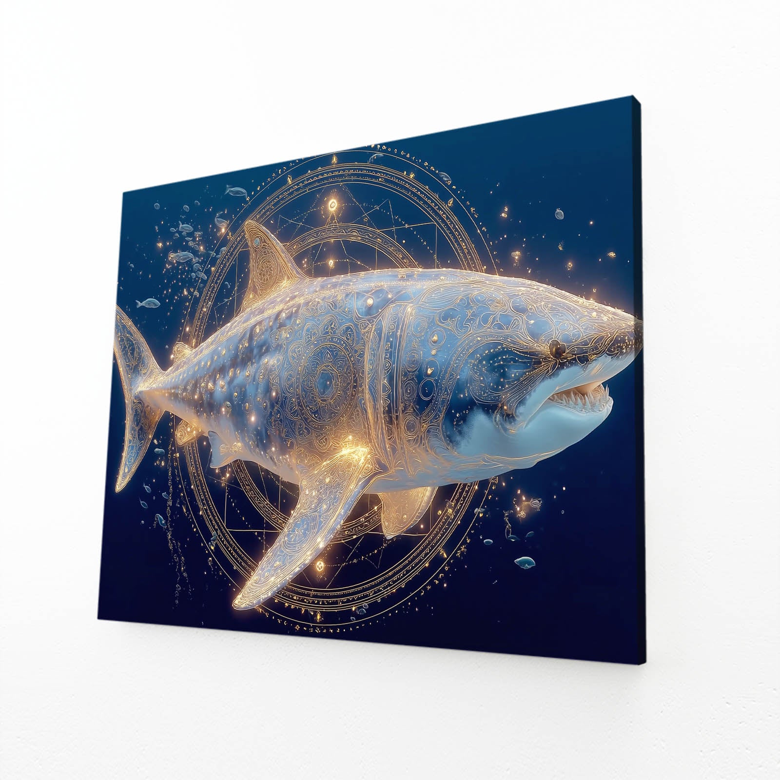 Celestial Night Shark Wall Art – angled canvas view on white background