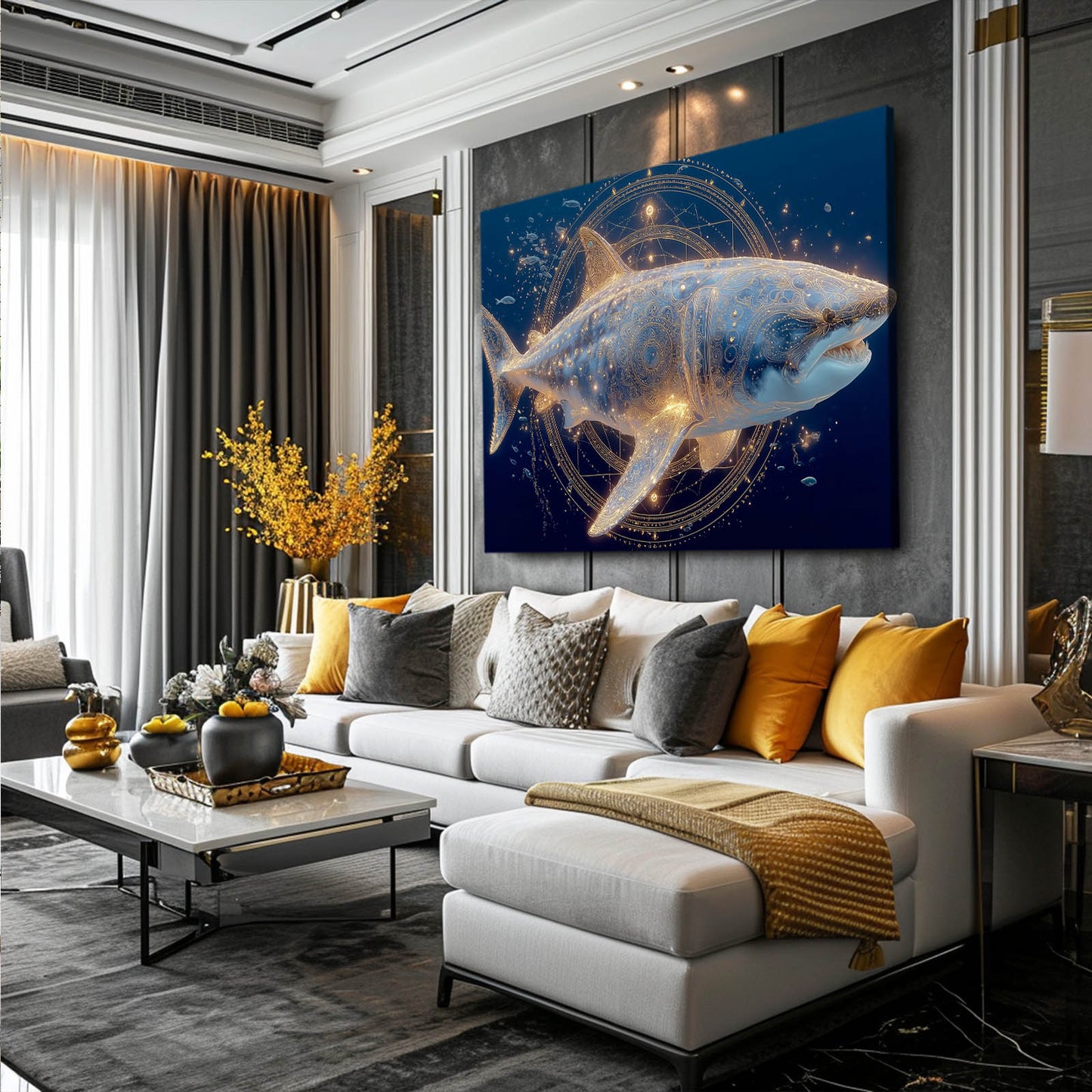 Celestial Night Shark Wall Art – styled in a furnished interior