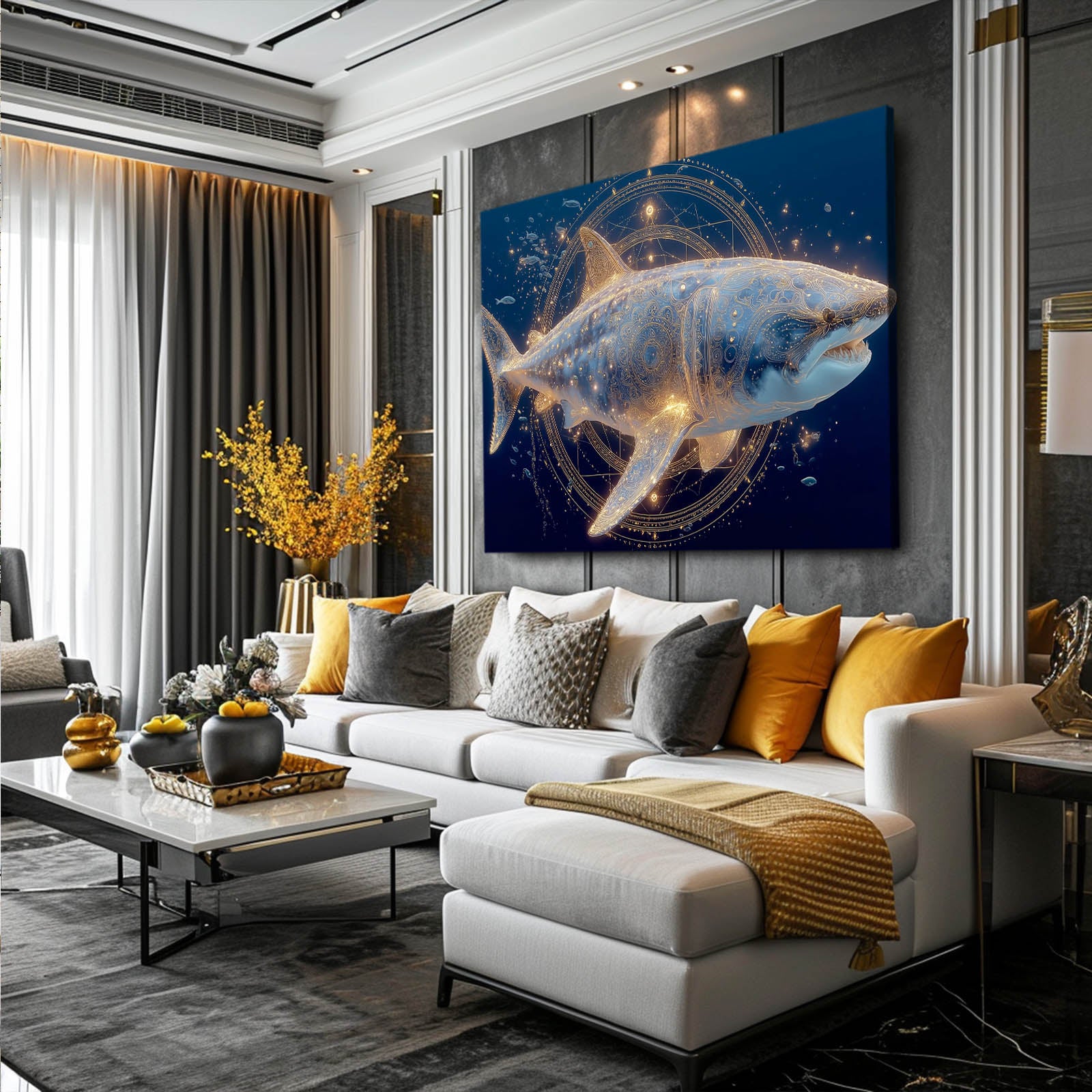 Celestial Night Shark Wall Art – styled in a furnished interior